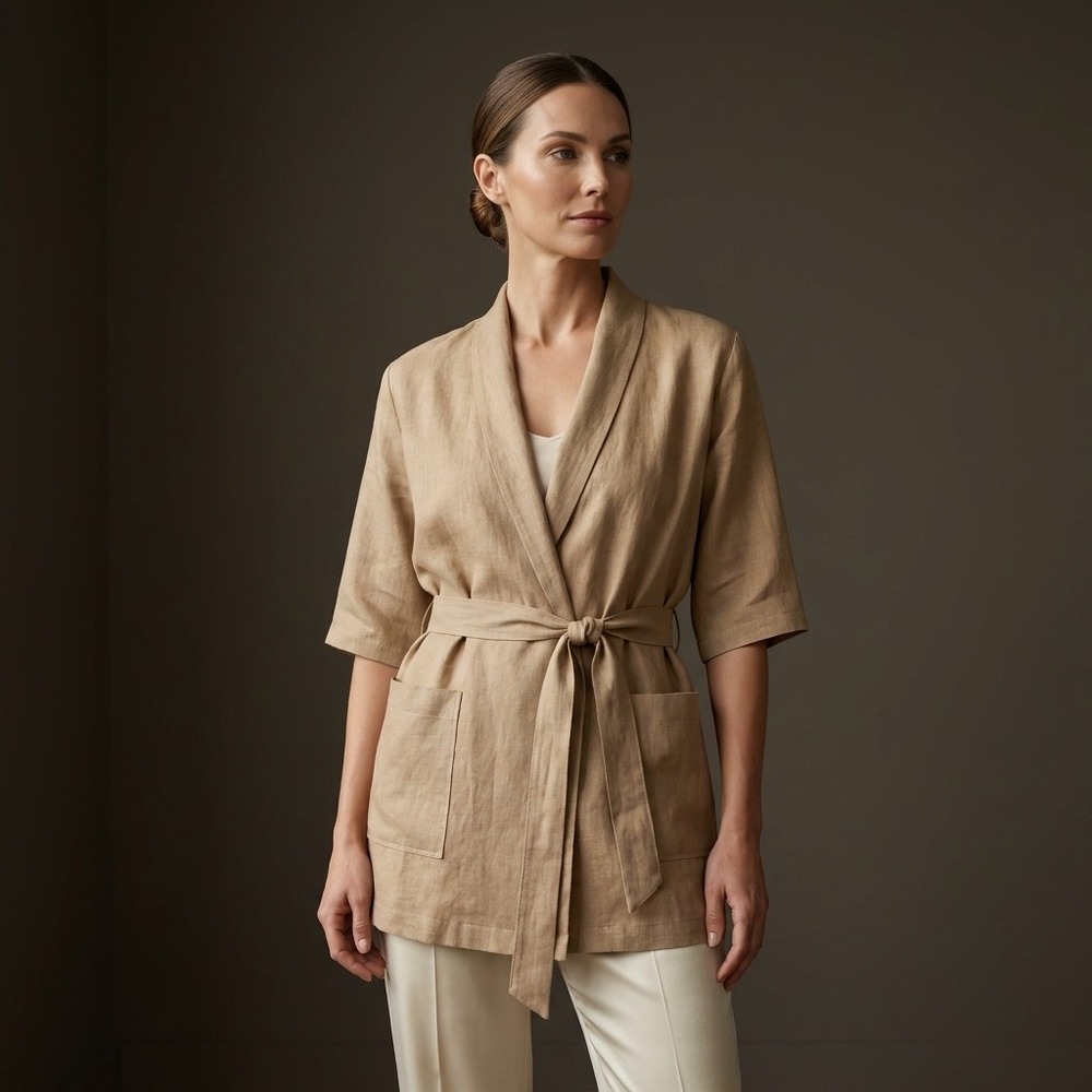 FILOSOFIA Womens Linen Wrap Jacket M Tan 100% Linen Minimalist Belted Kimono